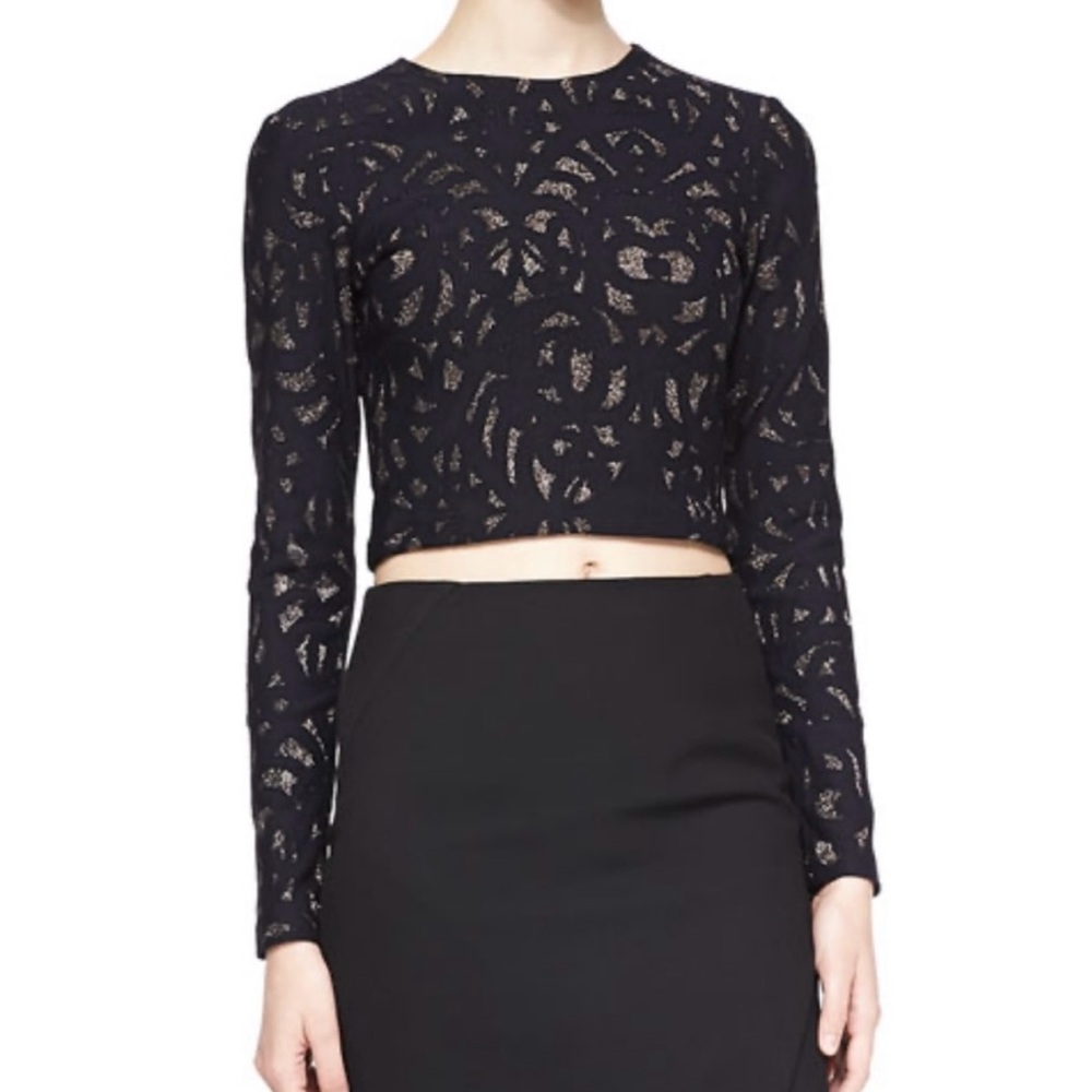Parker Luna Metallic Long Sleeve Black Crop Top Size S
